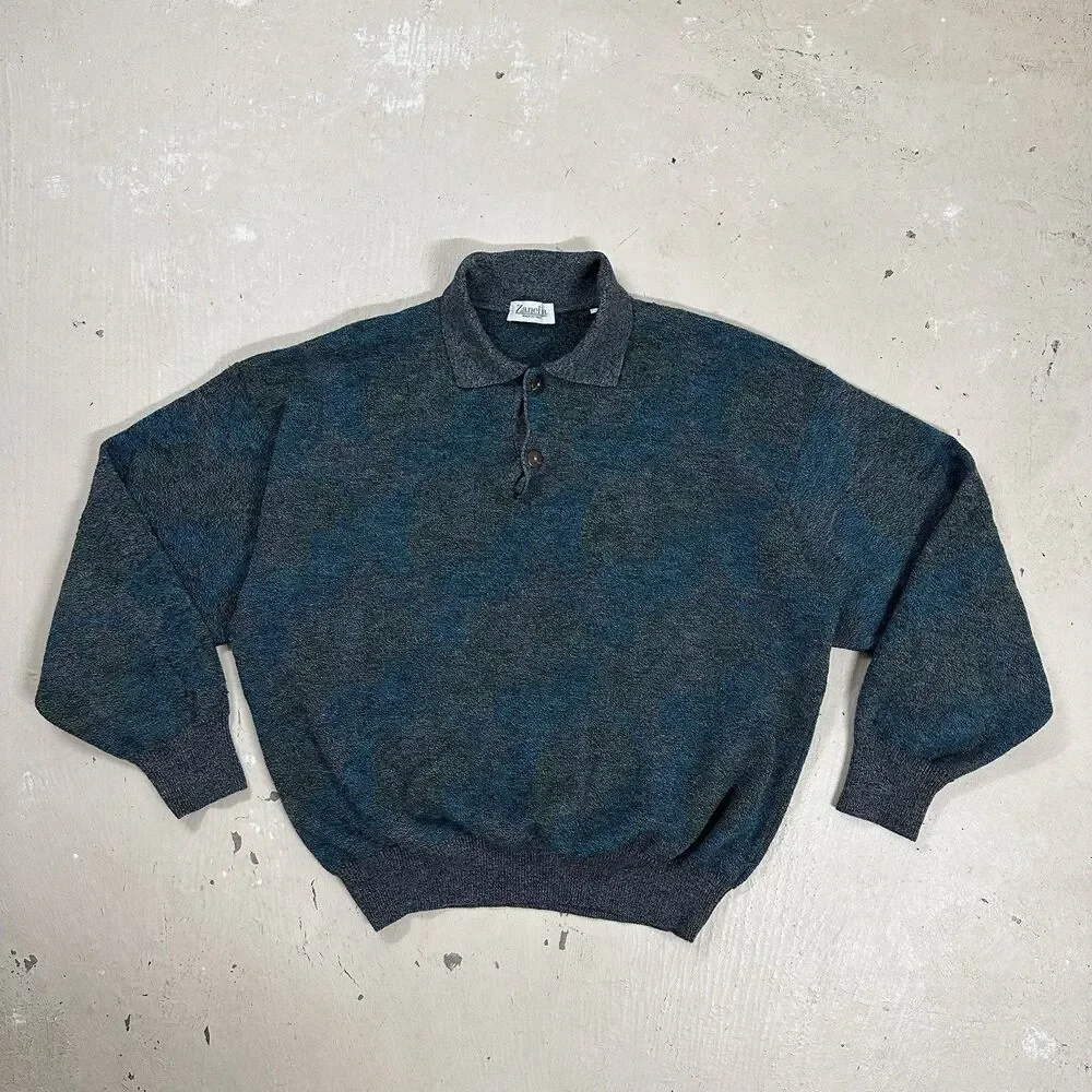 Zanella Italy Wool Sweater Heathered Blue Gray Size Large